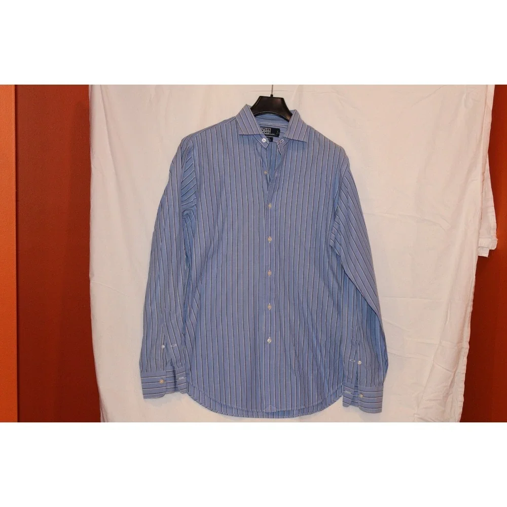 Polo Ralph Lauren Estate Mens Blue White Striped Dress Shirt 15.5 34/35 Cotton